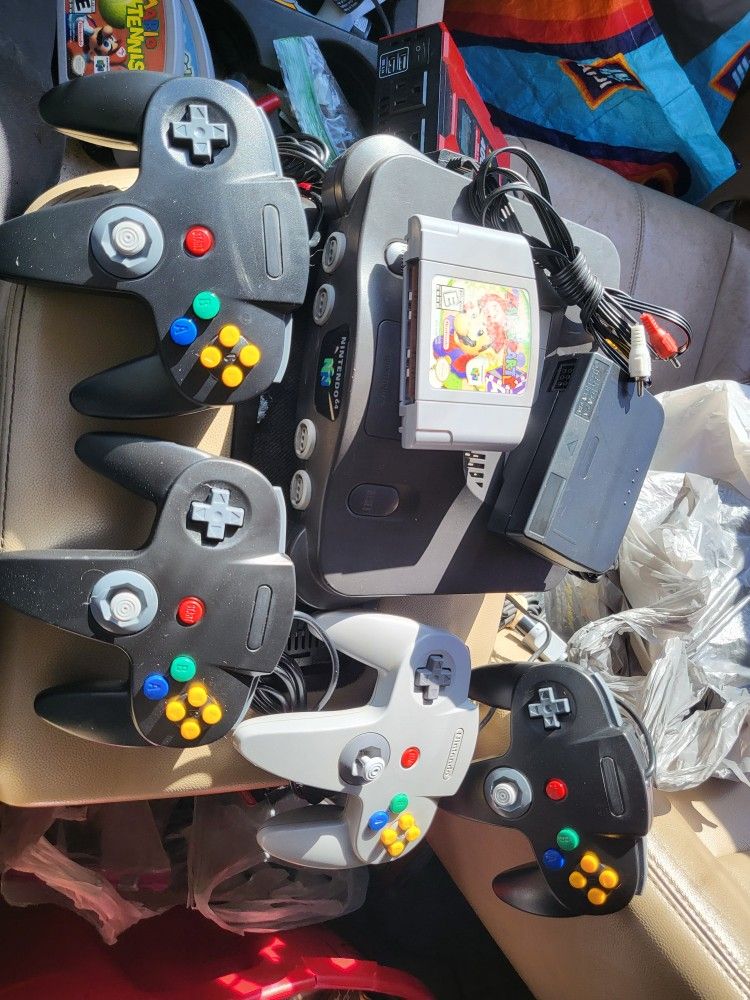 Nintendo 64 Consoler With Mario Party Game, 4 Controllers And Cords