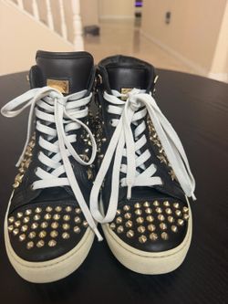 Philipp Plein Black Leather Gold Star Studded High Top Sneakers Size 37