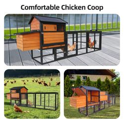 brown+black Wooden Chicken Coop, Large Outdoor Hen House with Run and Nesting Box Poultry Cage, Rabbit Hutch, Waterproof Anti-UV Panel for Backyard