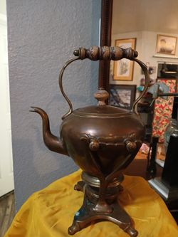 Antique Copper & Brass gypsy tilting spirit kettle on stand with burner