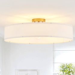 Gold Semi-Flush Mount Ceiling Light Fixture with 24" Large White Fabric Drum Shade 5-Light