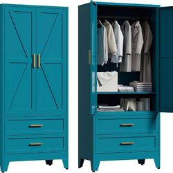 71'' Farmhouse Metal Wardrobe Cabinet with Hanging Rod, 2 Barn Door Wardrobe Closet with Adjustable Shelves,2 Drawer,for Dining Room,Bedroo