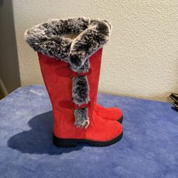 Women’s Knee High Winter Fashion Boots Red Faux Fur NEW 