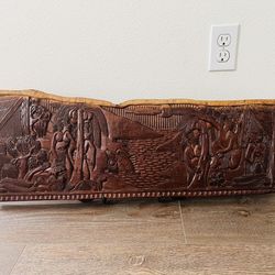 Vintage Teak Wood Hand Carved Wall Panel Depicting Scenes Of Daily Life 12/28”