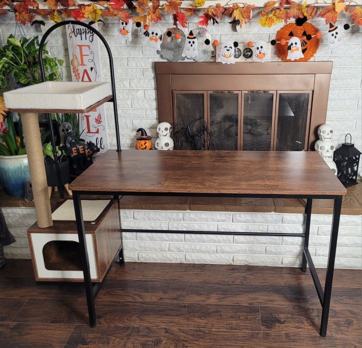 Rustic Computer Desk with Cat Condo and Scratching Post