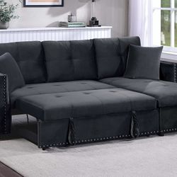 Brand New Black Velvet Sectional Sofa Storage Sleeper 