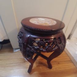 Carved Wooden Plant Stand Or Stool/Marble Top