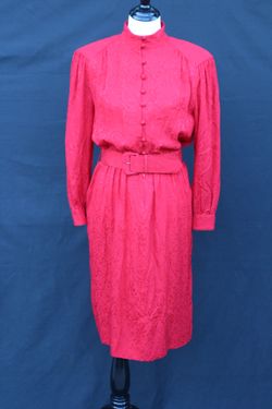 1980s Liz Claiborne Silk Damask Red Dress