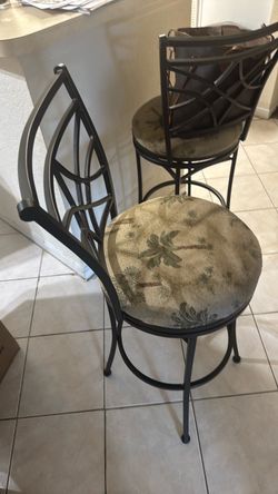 Metal Bar Stools with Tropical Fabric Seats – Set of 2
