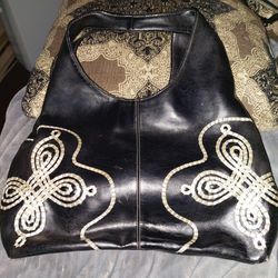 Black Leather Hobo Bag with white Embroidery
