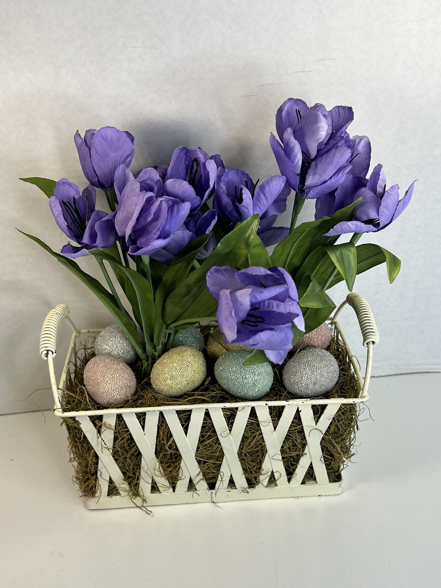 Happy Go Lucky Metal Basket W/ Artificial Tulips & Easter Eggs