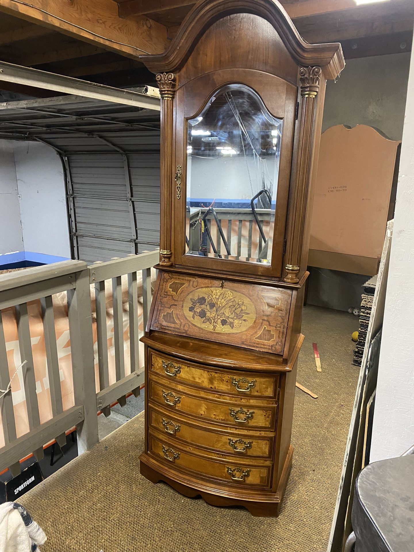 Vintage Burled Secretary Desk With Mirrored Cabinet
