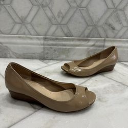 Size 8.5 Cole Haan Nike Air Tali Tan / Beige Peep Toe Wedge Heels