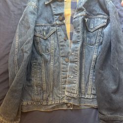 Vintage 90s GAP PIONEER Plaid Lined Denim Distressed JEAN JACKET  Men's size 40