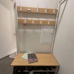 Entryway coat rack with bench and shoe storage