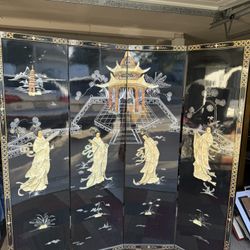 Genuine Hand-Lacquered Japanese 4-Panel Partition w/ 3D Mother-of-Pearl Inlay Carvings. From Okinawa