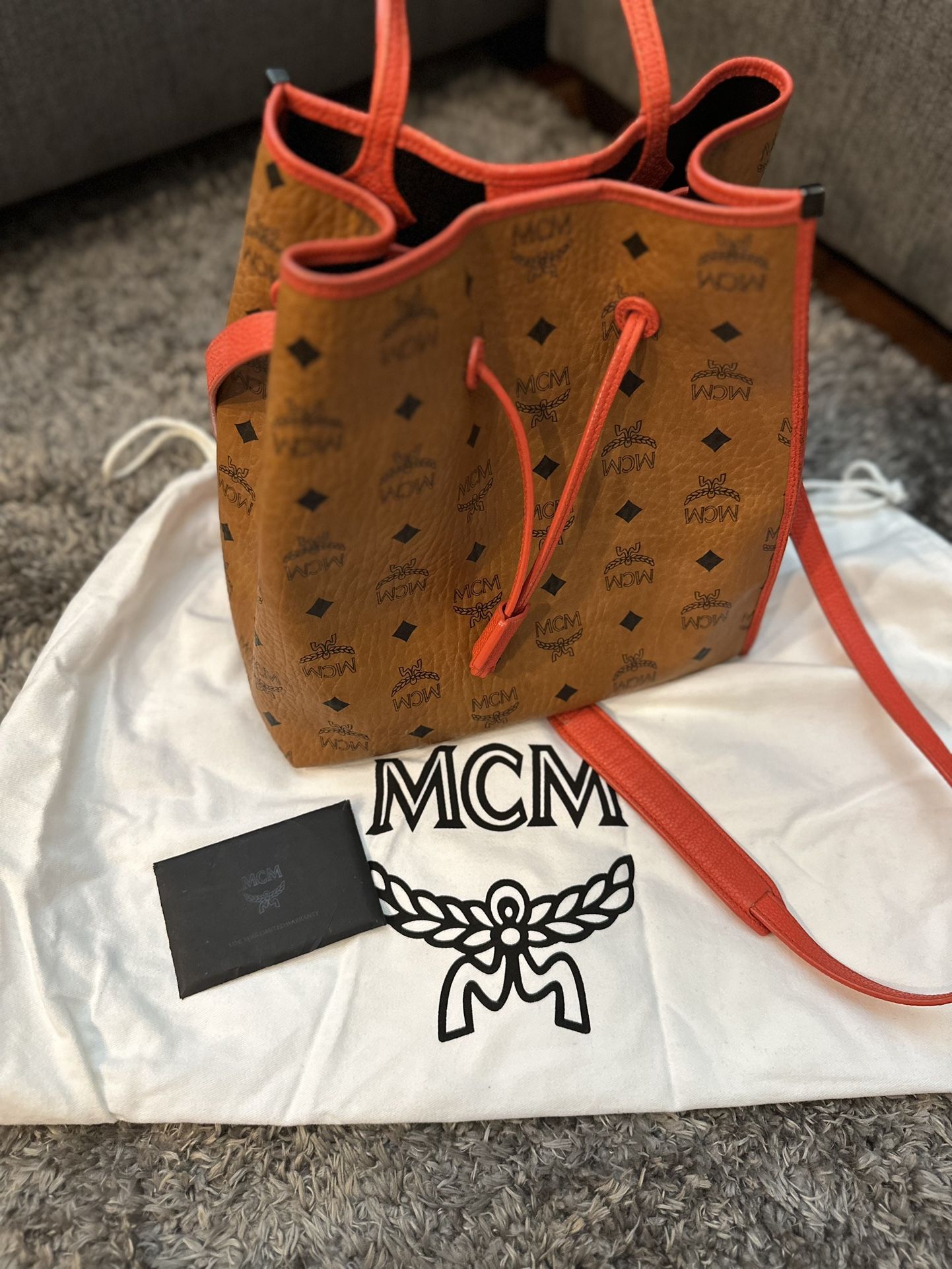 MCM Orange Visetos Crossbody Bucket Bag