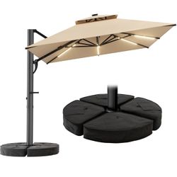 9X12ftSquare Cantilever Patio Umbrella with Base Included, Solar Lights Large Umbrella Outdoor Patio with 360°Rotation&Tilting, LED Lighted Offset Umb