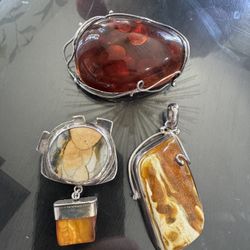 Sterling silver vintage artisan natural amber pendants FIRM