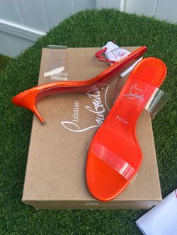 CHRISTIAN LOUBOUTIN JUST NOTHING  55 CLEAR TPU PERLE ORANGE LEATHER KITTEN HEEL