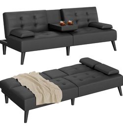 Black Futon Sofa w/ Folding Cup Holders - TC50 (We Have 2 Available  - Price is Per)