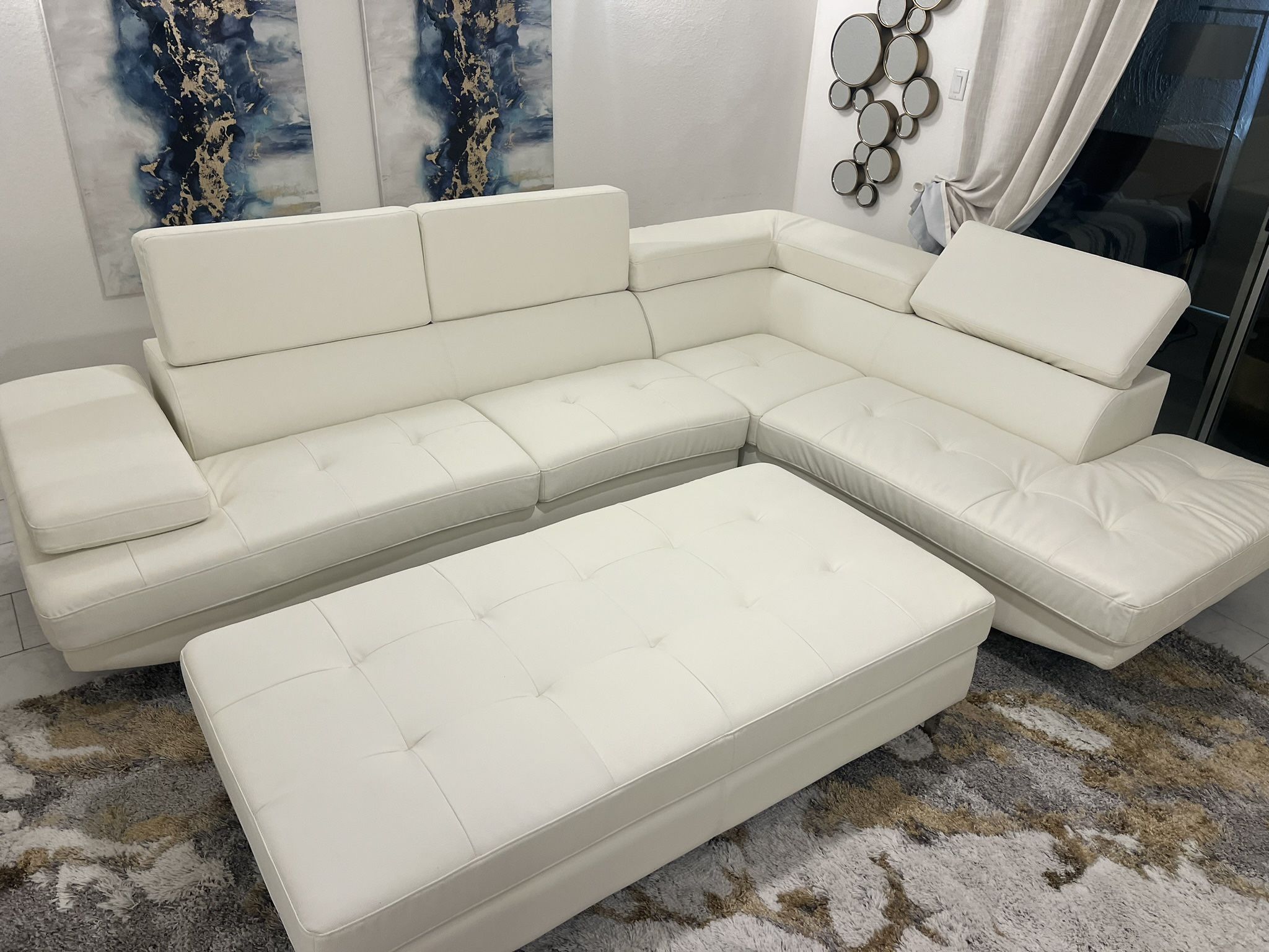 New Genuine Leather Sectional W Adjustable Headrests. White. 124x94x36H. Free Delivery!