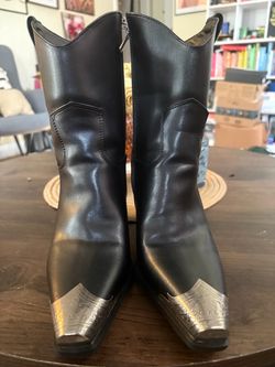 Black “Leather” Cowboy Boots with Silver Toe Caps