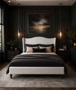 Full bed Velvet Bed Frame, Tufted Wingback Headboard, Black
47'' Modern Vertical Channel Headboard, Upholstered Platform Bed, Wood Slats, No Box Sprin