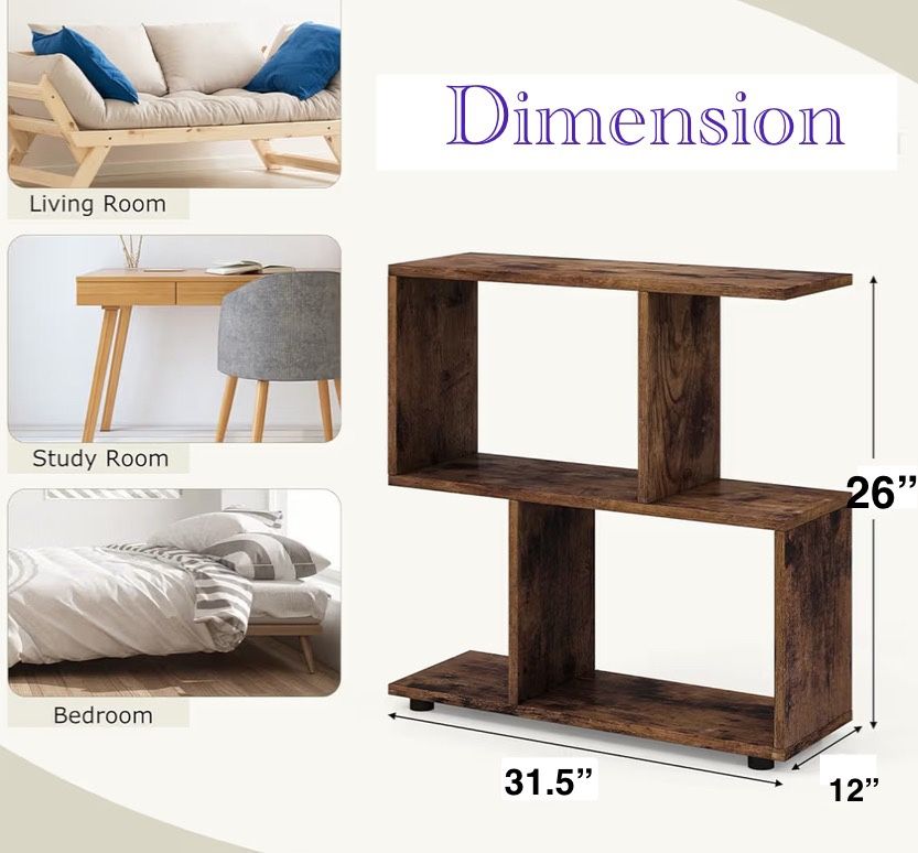 ✌️ 3-Tier Geometric Bookcase, 26”Tall S-Shaped Bookshelf with Staggered Open Cubes, Wooden Display Shelf Storage Organizer, Small Bookshelf