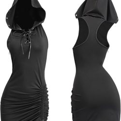 Women Black Bodycon Renaissance Hood Dress Gothic Short Skirt, Large *NEW*