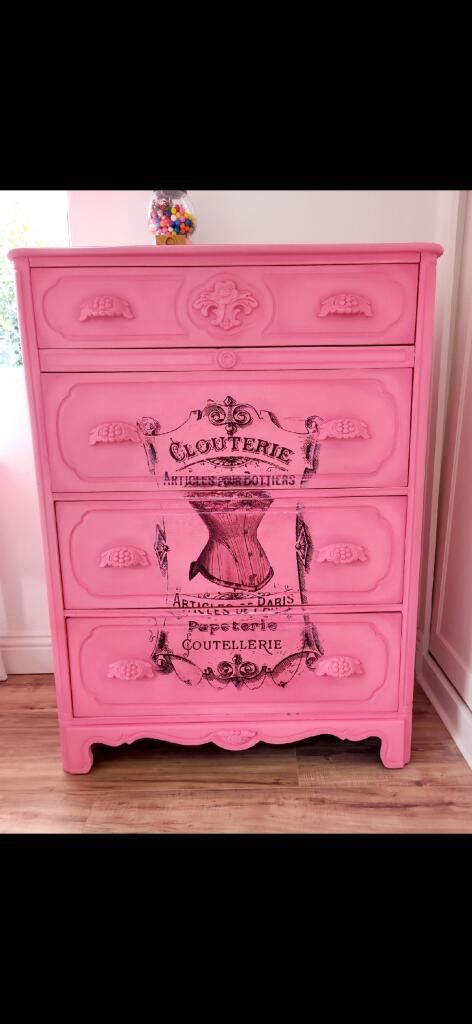 Vintage  Refurbished Solid Wood Pink Dresser Painted, Weathered And Waxed In Annie Sloan Paint. 