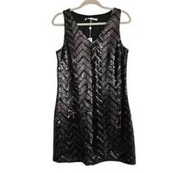 Trina Turk Black Sequin Sleeveless A-Line Mini Shift Dress V-Neck Size 4 _ Small