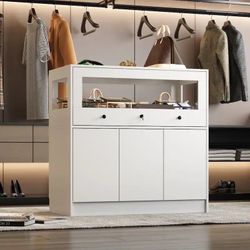 White 39.4 in. H Storage Cabinet Bedroom Dresser Armoire Island with Glass Top, Glass Side Lockable Drawer, Cabinet