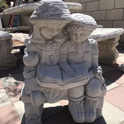 New Kids Reading On Bench Made Out Of Cement Beautiful Yard Decoration 