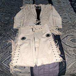 Woman's White Leather Native Jacket With Matching Chaps. 