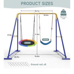 Swing Sets for Backyard, Toddler Swing Set with 2 Seat 1 Saucer & 1 Belt Seat, 440lbs Heavy-Duty Swing Frame w/8 Ground Stakes, A Frame Outdoor Swings