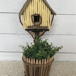 Yellow Wooden Bird House & Artificial Plant Holder.