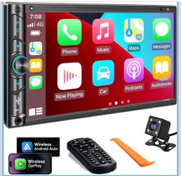Double Din Car Stereo Compatible with Voice Control Apple Carplay - 7 Inch HD LCD Touchscreen Monitor, Bluetooth, Subwoofer, USB/SD Port, A/V Input, A
