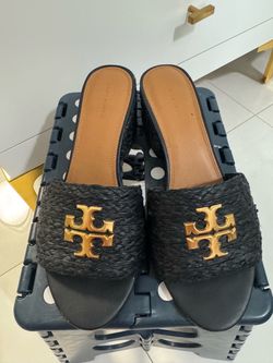Tory Burch Size 9 Everly Raffia Block Sandal Slide, black Color