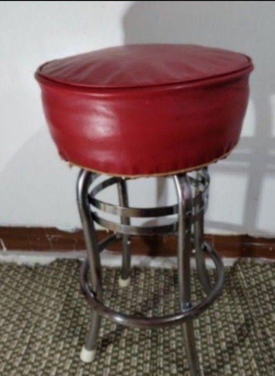 MID CENTURY LEATHER - METAL BAR STOOL 16 " D TOP / 29" H