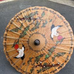Antique Hand Made Japanese Umbrella Bamboo Paper Made Hand Painted Tree Bird Old
