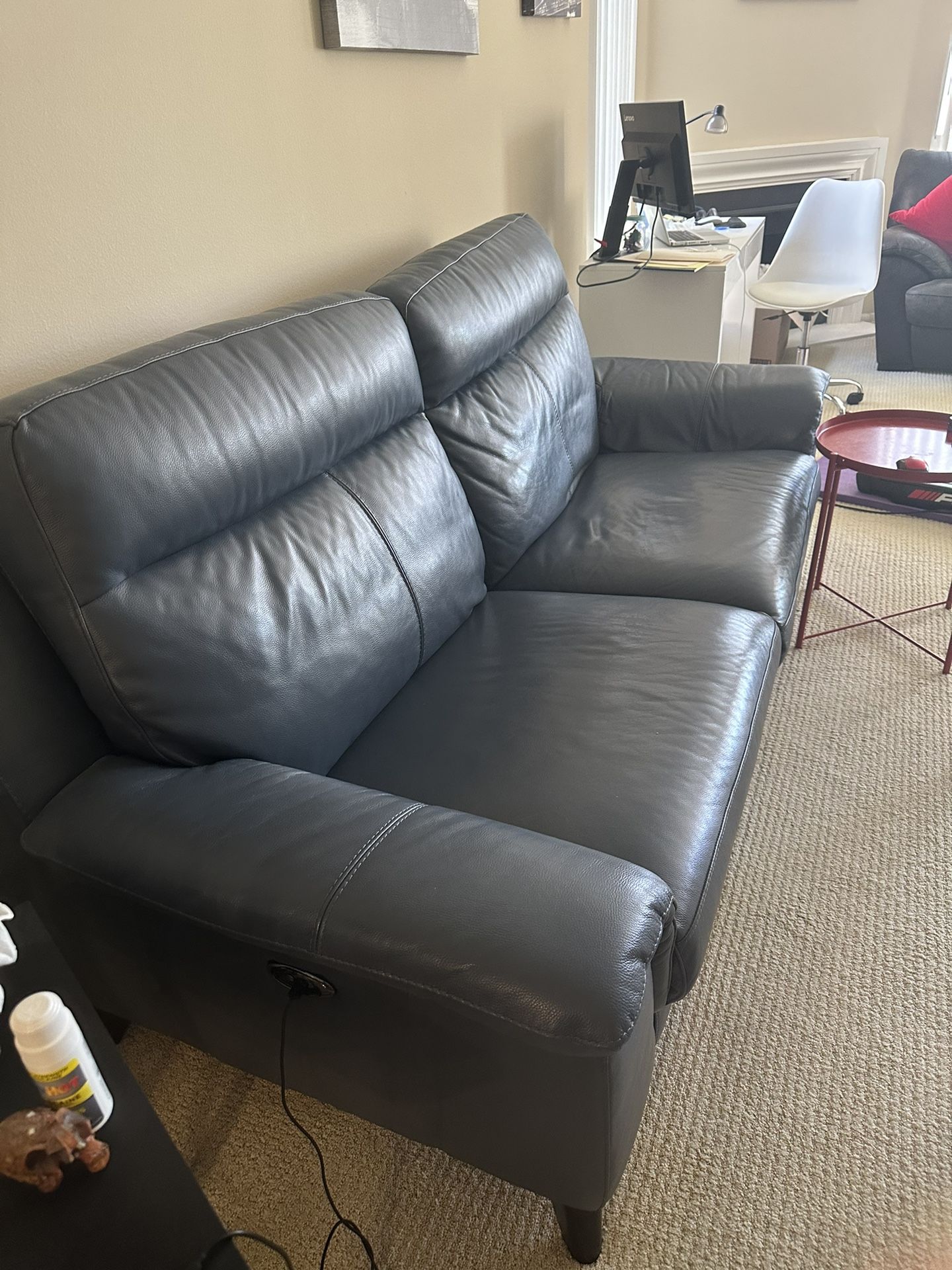 Living Spaces Moana Blue Leather 87" Power Dual Reclining Sofa with USB