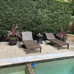 Two Chaise Wood Garden-Pool Lounge Chairs With Pull Out Tablest