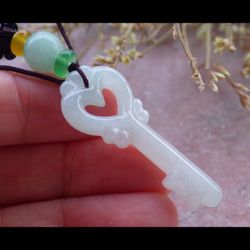 101575 VS Certified JADEITE Jade White Love Heart Key Pendant