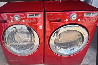 LG Wild Cherry Red front-load washer and dryer