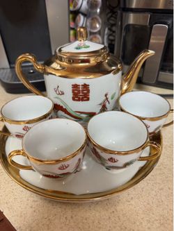 Vintage Gold Gilded Porcelain Dragon & Phoenix Tea Set with Tray