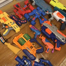 13 Nerf guns without ammo + 2 Sling Shot + Small Box Of Nerf Balls 