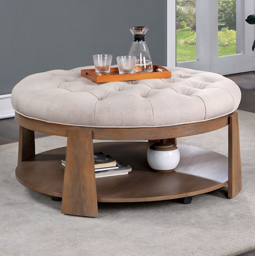 Ottoman Natural Tone Finish, Beige Fabric, New Especial Price