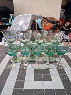 12 Handblown Green Twist Goblets