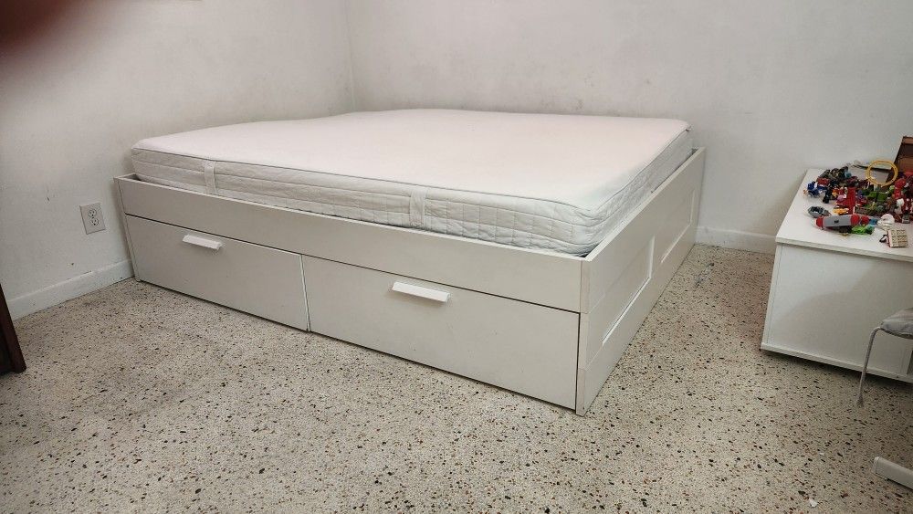 IKEA White BRIMES Queen 4 Drawer Storage Bed With Memory Foam Mattress - $200